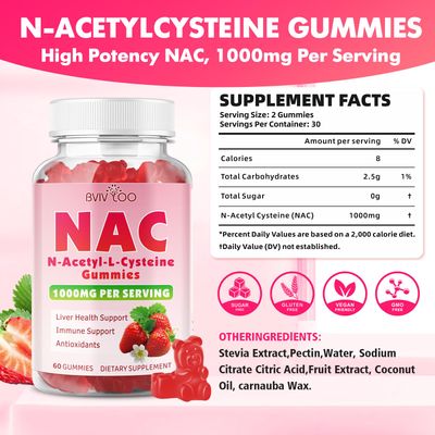 BVIVLOO 2 Pack Sugar-Free 1000mg NAC Gummies, N-Acetyl Cysteine Supplement for Antioxidants &amp; Immune Support, 120 Vegan Gummies