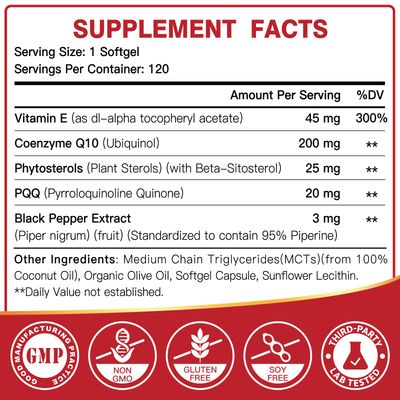 DRFOSTER Coq10 Ubiquinol 200mg, Coq10 200mg softgels, Max Absorption Ubiquinol with Vitamin E &amp; PQQ &amp; Black Pepper, Powerful Antioxidant, 120 Softgels