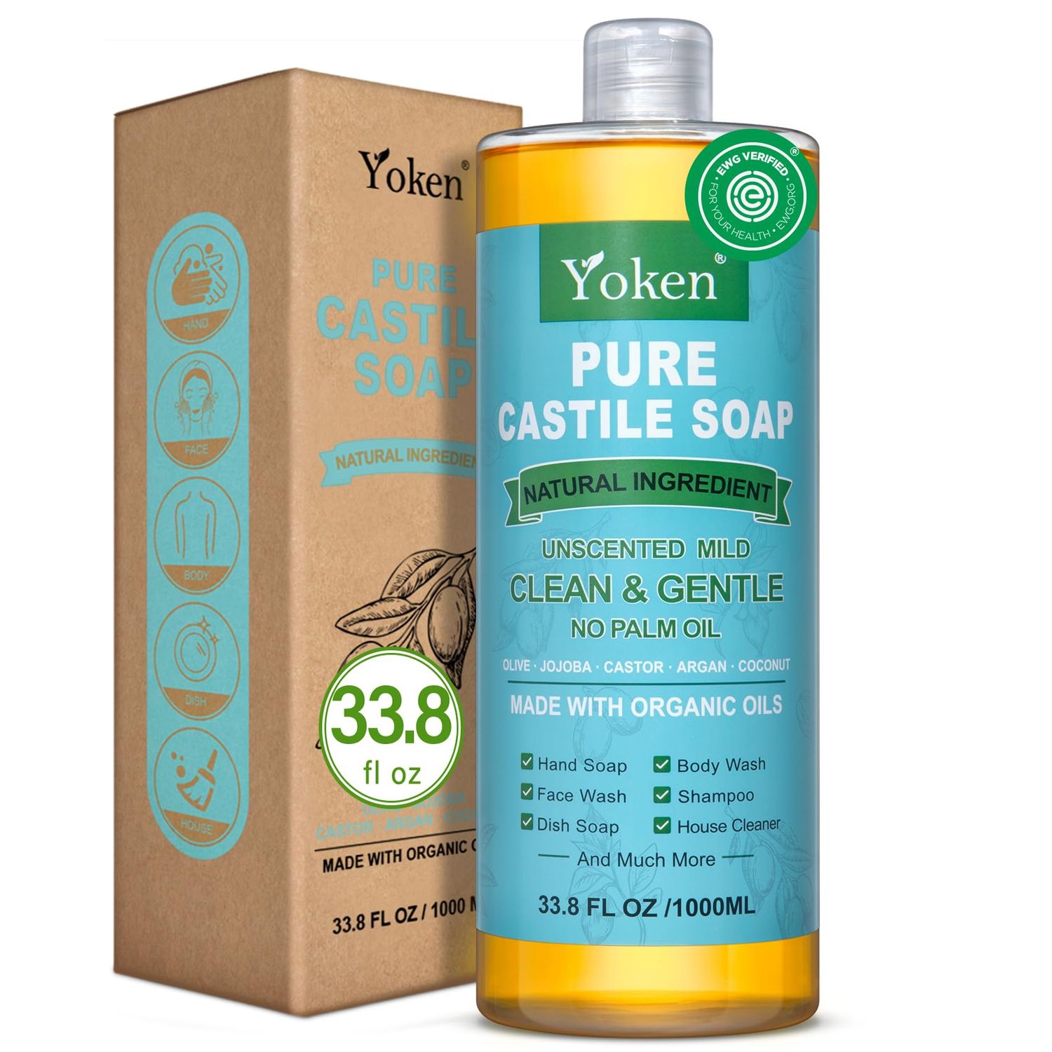 Yoken EWG Verified Castile Soap Liquid Unscented 33.8 fl oz Pure Castile Liquid Soap Made With Organic Oil, Clean &amp; Gentle, Natural Castor Oil Soap for Body Wash, Hand, Dishes, Laundry, No Fragrance