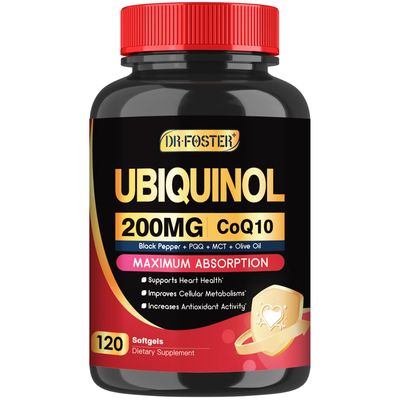 DRFOSTER Coq10 Ubiquinol 200mg, Coq10 200mg softgels, Max Absorption Ubiquinol with Vitamin E &amp; PQQ &amp; Black Pepper, Powerful Antioxidant, 120 Softgels
