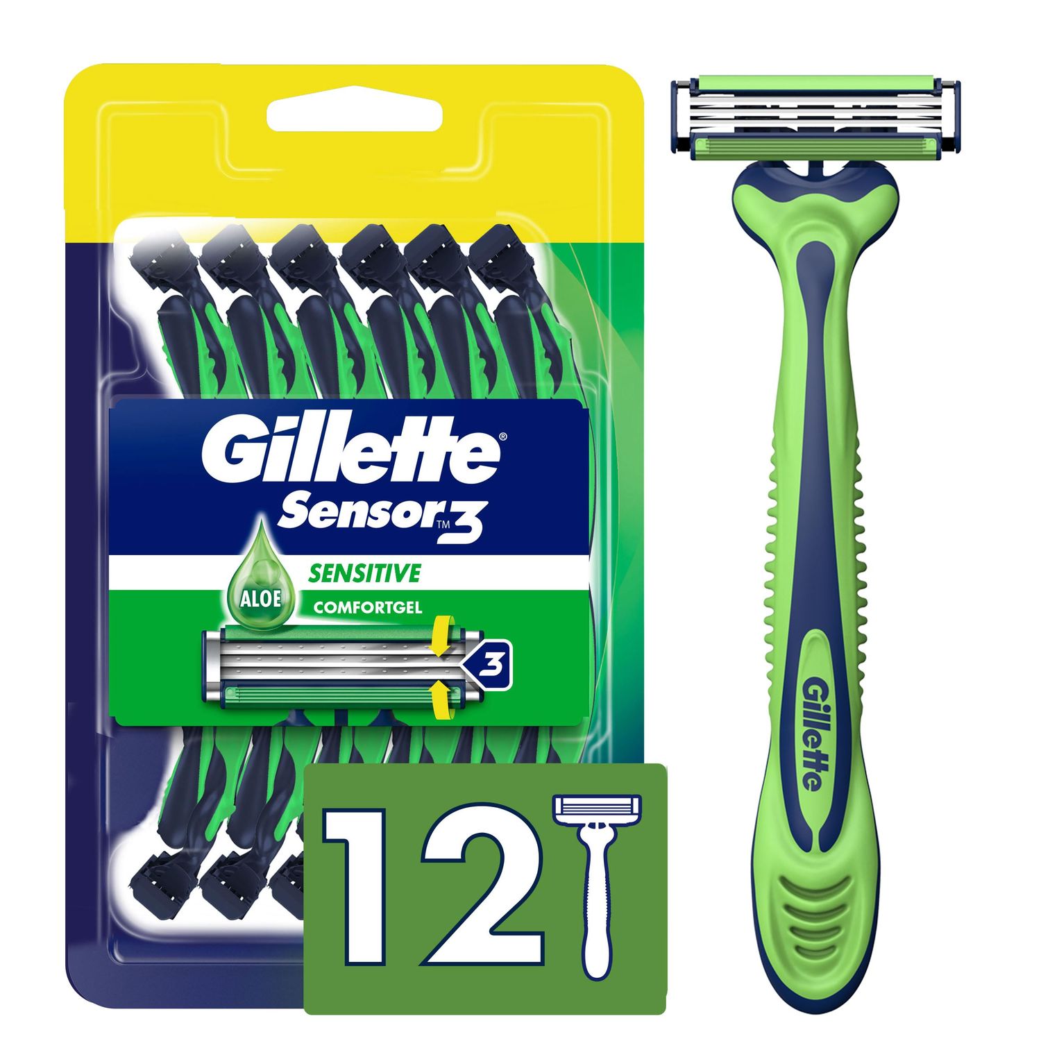 Gillette Sensor3 Sensitive Men&#39;s Disposable Razor, 12 Razors