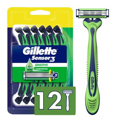 Gillette Sensor3 Sensitive Men&#39;s Disposable Razor, 12 Razors