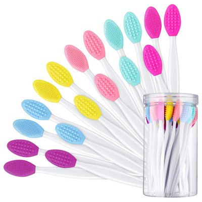 24 Pcs Silicone Exfoliating Lip Brush with Container, Double Sided Silicone Lip Scrubber Soft Cleaning Applicator for Plump Smoother Appearance (Mixed Colors)