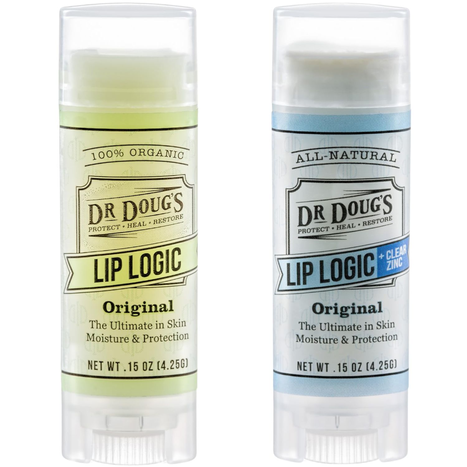 Dr. Dougs Lip Logic All-Natural Lip Balm Duo (2-Pack) | Hydrating Lip Care with Zinc for Sun Protection | Soothes, Moisturizes, and Shields Lips | Portable, Non-Toxic Formula for Sensitive Skin