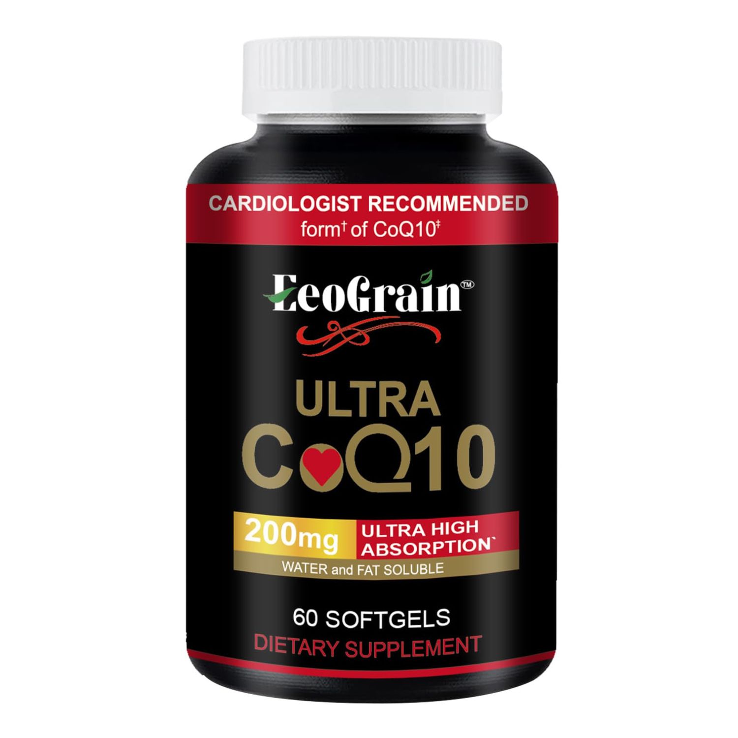 EeoGrain 200 mg Super Coenzyme Q10 (Ubiquinone) with Vitamin E - High Absorption Rate, Antioxidant Supplement, Supports Heart Health and Energy, Vegan Gluten-Free Softgels, 60 Count