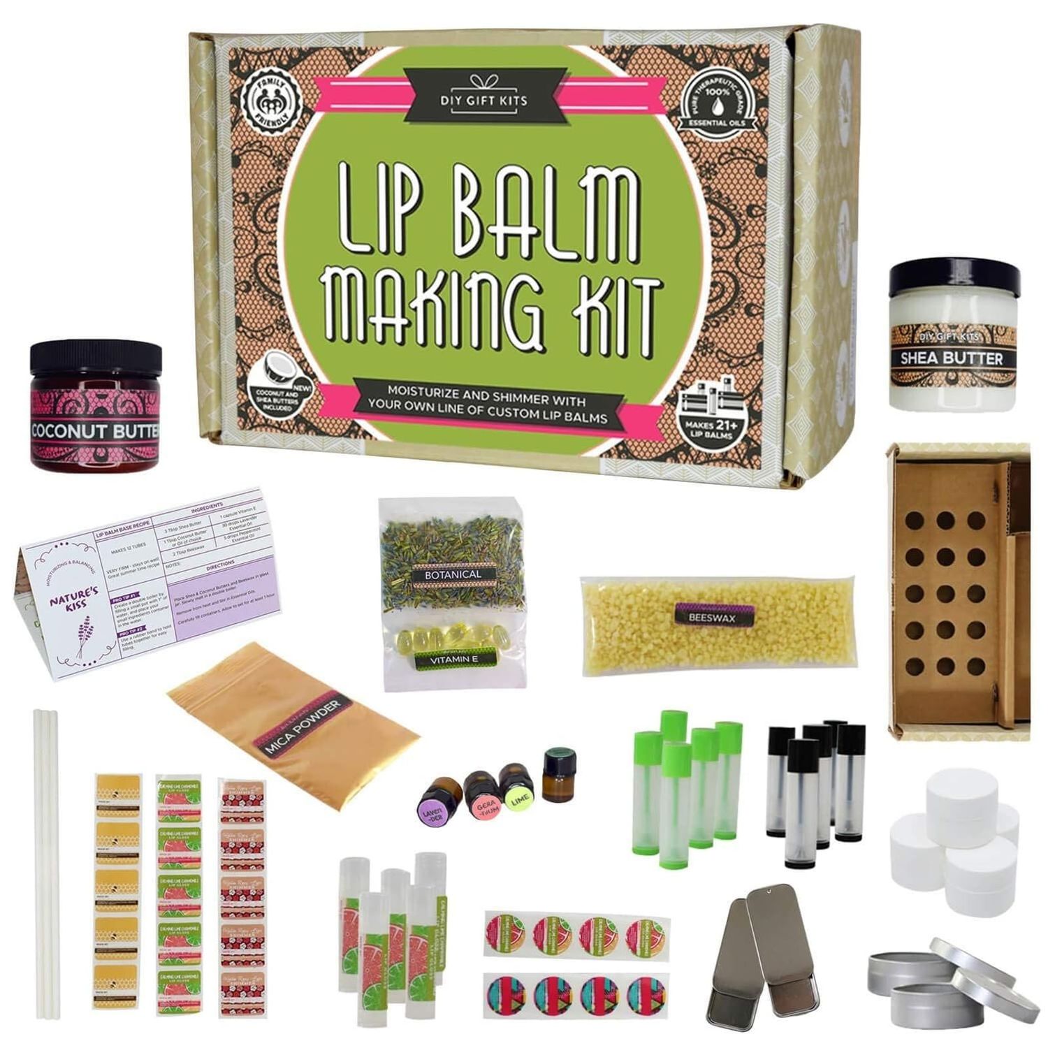 DIY Gift Kits 73-Piece DIY Lip Balm Kit | Includes All Natural &amp; Organic Essential Oils, Shea Butter, Filling Tray &amp; More | Makes 23 Homemade Lip Balms | For Dry &amp; Chapped Lips | For Kids &amp; Adults