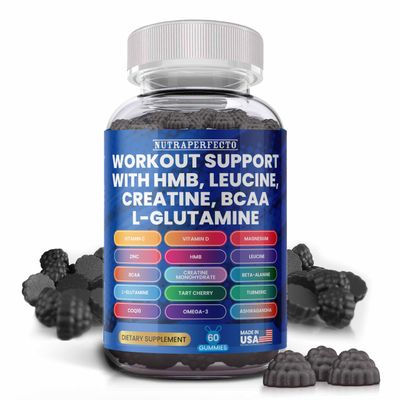 Sugar Free Workout Recovery Gummies with HMB, Leucine, Creatine, BCAA, Natural Vegan Supplements for Pre Post Athletes, Gym Enthusiasts &amp; Active Lifestyles - Boost Energy, Endurance &amp; Muscle Repair