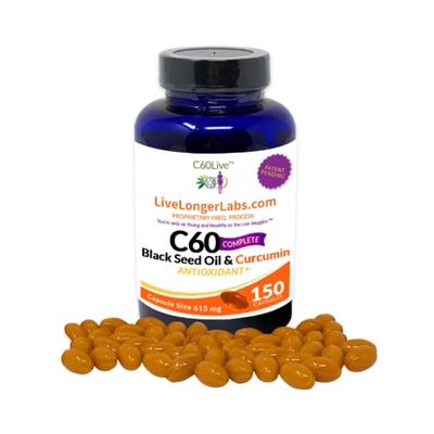 C60live - C60 Complete - Carbon 60 (Fullerene) with Black Seed Oil &amp; Curcumin - Antioxidant Supplement - for Longevity &amp; Cognitive Function - All Natural - 150 Gel Capsules