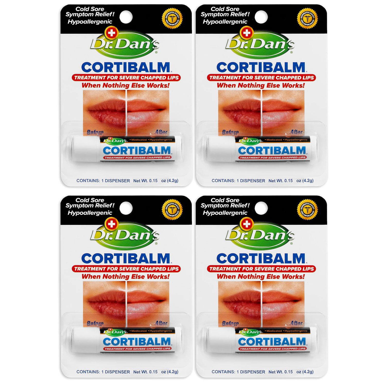 Dr. Dan&#39;s Cortibalm - 4 Pack - for Dry Cracked Lips - Healing Lip Balm for Severely Chapped Lips - Designed for Men, Women and Children