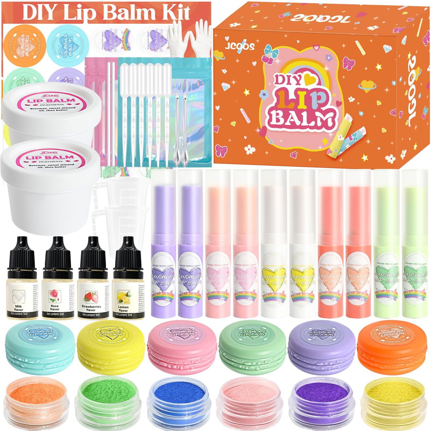 JCOOS DIY Lip Balm Making Kit - Kids Crafts, Make Your Own Lip Gloss, Beeswax &amp; Shea Butter, Moisturizing Tubes