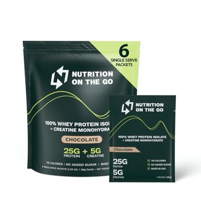 Single-Serve Whey Protein Isolate with Creatine - 25g Protein, 5g Creatine - Travel Protein Powder Packets for Gym, On The Go, and Recovery - Easy Mix, Gluten-Free - Chocolate (6-Pack)