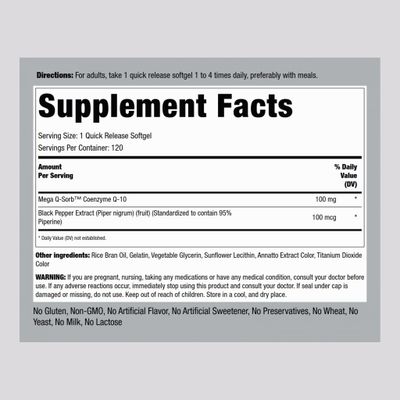 Piping Rock CoQ10 100mg | 120 Softgels | with Black Pepper Extract | Non-GMO, Gluten Free Supplement