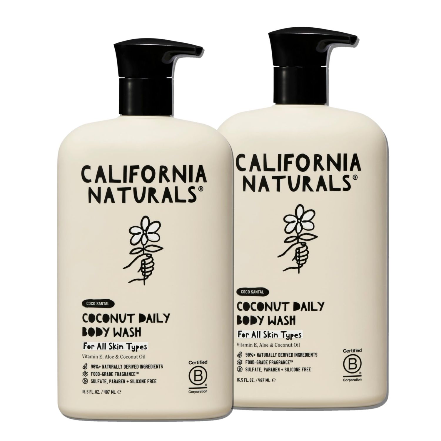 California Naturals Body Wash for Women and Men, Vitamin E Shower Gel Cleanser, Natural, Vegan &amp; Cruelty Free, Paraben &amp; Sulfate Free, Moisturizing Skin, Coconut, All Skin Types, 16.5 fl oz, 2 Pack