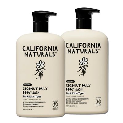 California Naturals Body Wash for Women and Men, Vitamin E Shower Gel Cleanser, Natural, Vegan &amp; Cruelty Free, Paraben &amp; Sulfate Free, Moisturizing Skin, Coconut, All Skin Types, 16.5 fl oz, 2 Pack