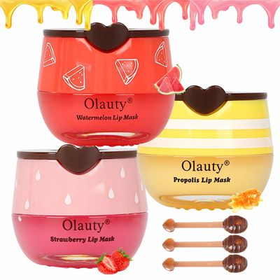 3 PCS Bee Lip Balm Lip Mask Honey Pot, Honey &amp; Strawberry &amp; Watermelon Lip Sleeping Mask Overnight Moisturizing Honey Lip Balm, Hydrating Prevention Dry &amp; Cracked Lip Scrubs Lip Care