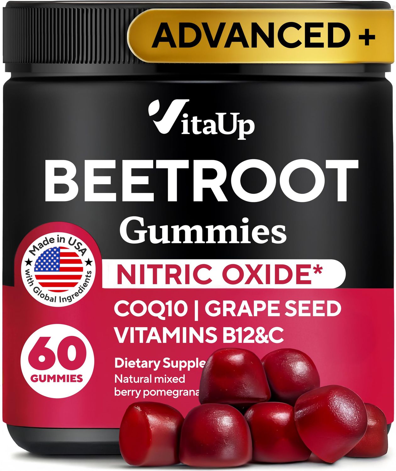 VitaUp Beet Root Gummies - Beet Gummies - Red Beets Supplements with Beetroot, Grape Seed, Coq10, Vitamin C &amp; B12 - 60 Beet Chews
