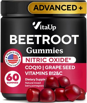 VitaUp Beet Root Gummies - Beet Gummies - Red Beets Supplements with Beetroot, Grape Seed, Coq10, Vitamin C &amp; B12 - 60 Beet Chews