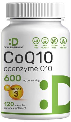 CoQ10 600mg, 120 Capsules - with Omega 3 Fatty Acid 100mg - Max Strength - Bioavailable Coenzyme Q10 Supplements - Heart, Energy, &amp; Brain Health Antioxidant Support - Non-GMO