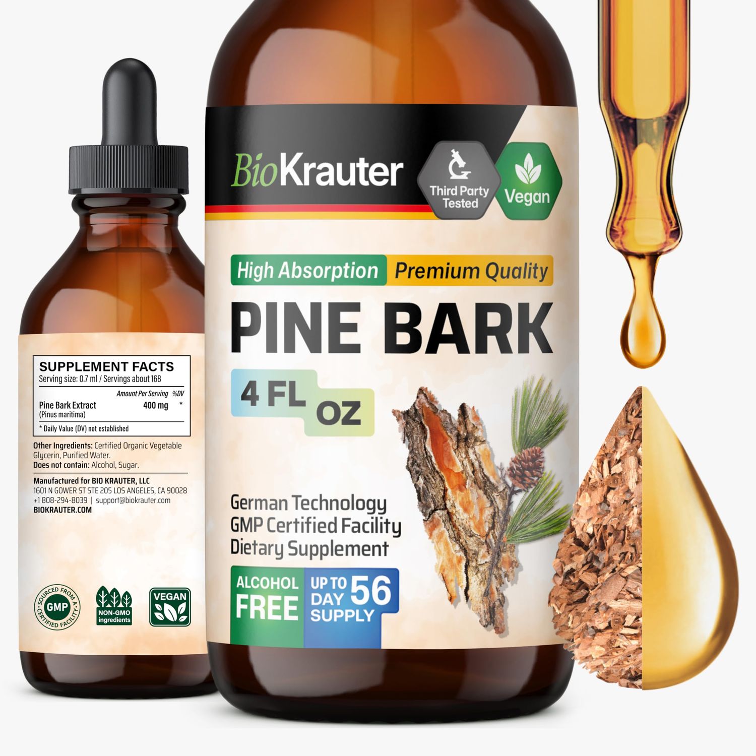 BIO KRAUTER Pine Bark Extract - Rich in Antioxidants Liquid Supplement - 400 mg French Maritime Pine Bark Extract Drops - Vegan, Alcohol &amp; Sugar Free - 4 Fl Oz