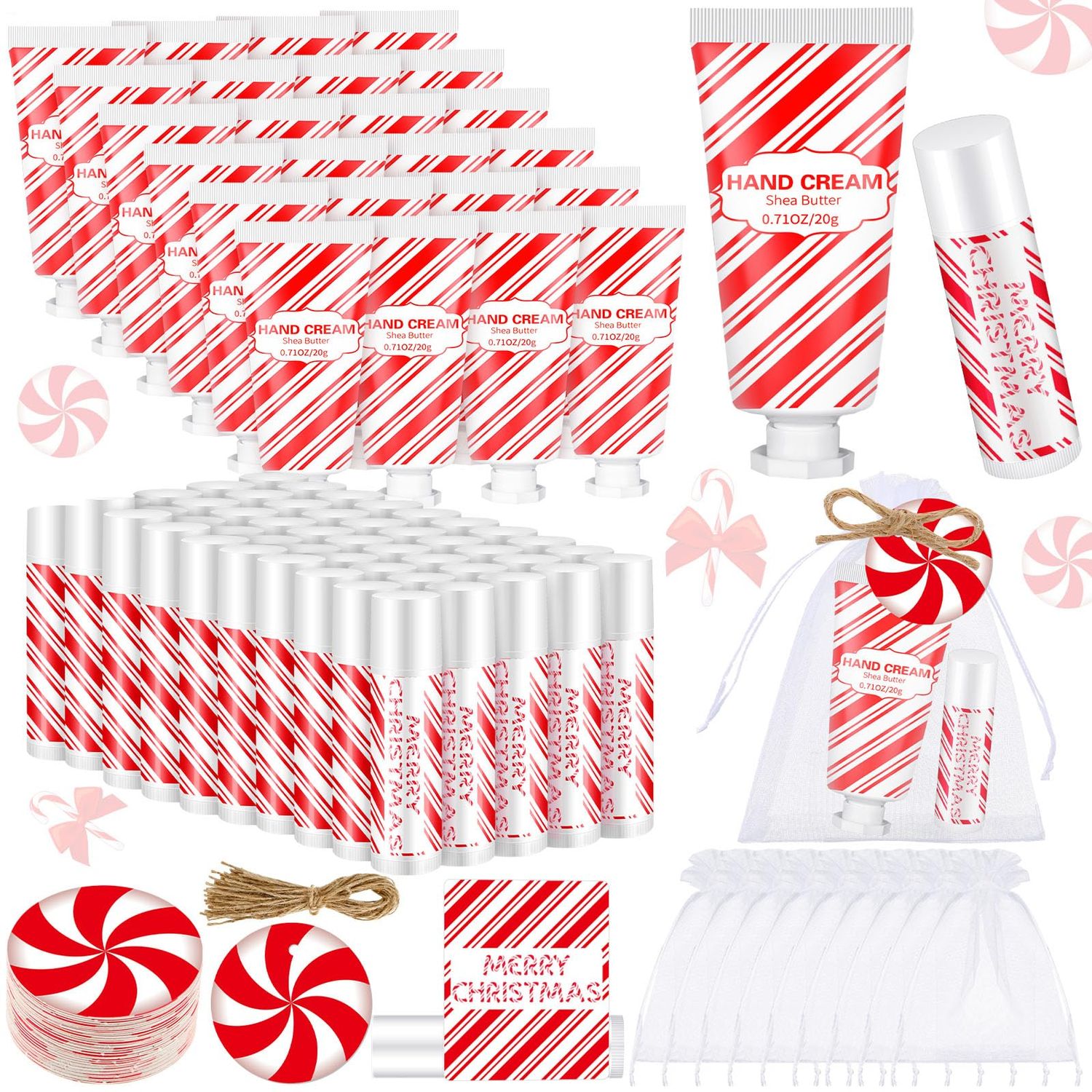 Heigble 144 Pcs Christmas Candy Cane Lip Balm Hand Cream Set Party Favors Including 36 Lip Balm 36 Moisturizing Hand Cream 36 Bags 36 Cards and Ropes for Xmas Accessories Gifts