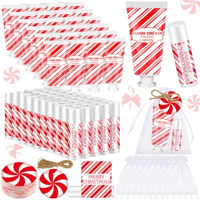 Heigble 144 Pcs Christmas Candy Cane Lip Balm Hand Cream Set Party Favors Including 36 Lip Balm 36 Moisturizing Hand Cream 36 Bags 36 Cards and Ropes for Xmas Accessories Gifts