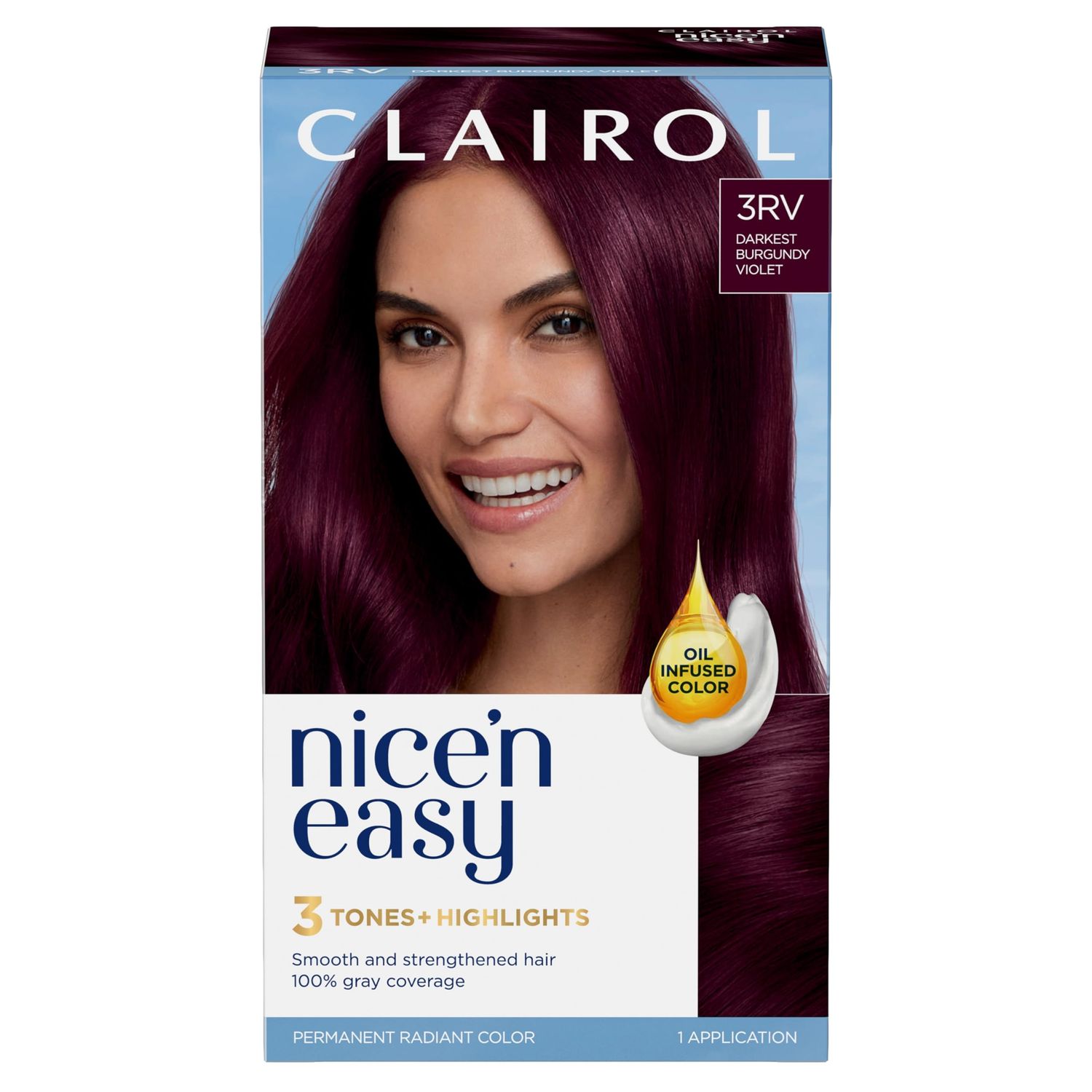 Clairol Nice&#39;n Easy Permanent Hair Dye, 3RV Darkest Burgundy Violet Hair Color, Pack of 1