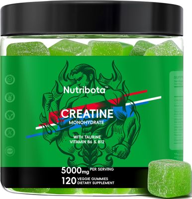 Nutribota Sugar Free Creatine Monohydrate Gummies 5g for Men &amp; Women, with Taurine, Vitamin B6 &amp; B12, Chewable Creatine Monohydrate Supplement, Natural Apple Flavor, 120 Gummies