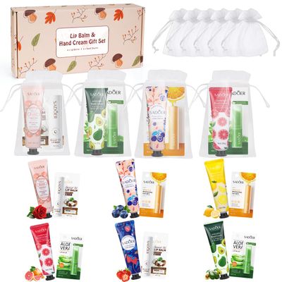 Lip Balm And Hand Cream Gift Set For Women,6 Natural Lip Balm Bulk 6 Organza Bags 6 Hand Lotion For Women, Christmas Gifts Stocking Stuffers Teacher Appreciation Mothers Day Gifts Thank You Gifts