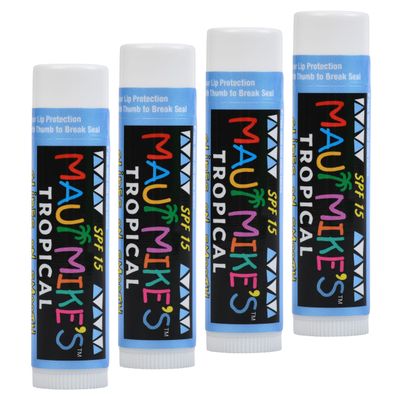 MAUI MIKE&#39;S SPF-15 Best Tasting (Tropical) Lip Balm with Sun Protection(4 Pack). Includes Vitamin E,Aloe Vera and Beeswax. Non Waxy. Best Moisturing Lip Balm for Longer Lasting Flavor.