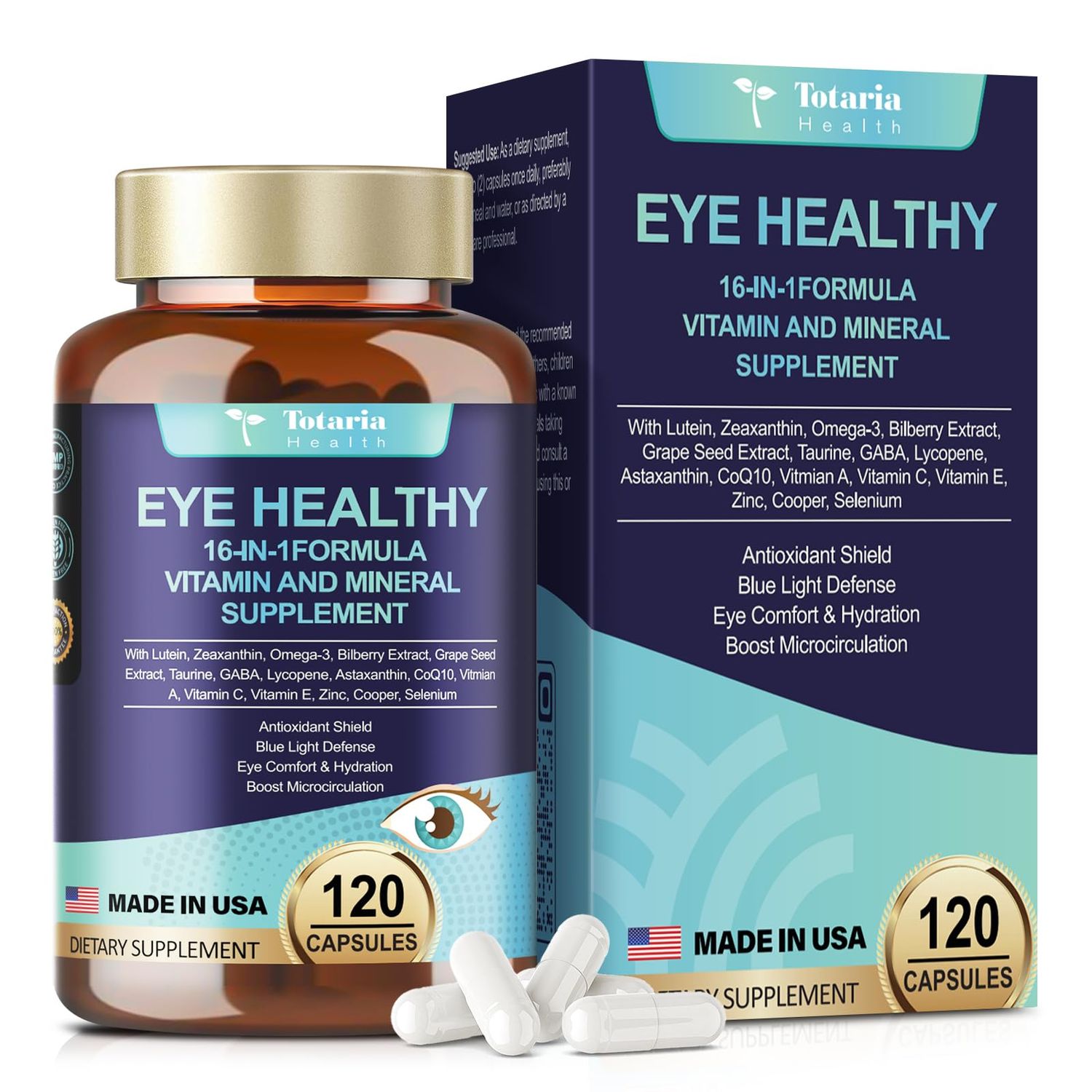 Eye Vitamins Lutein and Zeaxanthin for Adults, AREDS 2 Eye Vitamin and Mineral, Omega-3, Bilberry Extract - Carotenoid Blend, Support Eye Health, Strain, Comfort &amp; Hydration (120 Capsules)