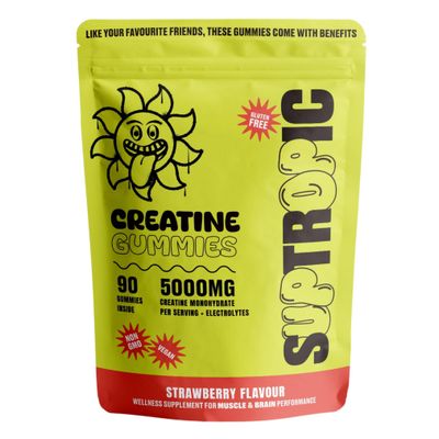 SUPTROPIC Creatine Monohydrate Gummies with Electrolytes - 5000mg Creatine Magnesium, Potassium &amp; Vitamin D3 - Zero Sugar, Strawberry Flavor - 90 Gummies - Pre/Post Workout Muscle Support