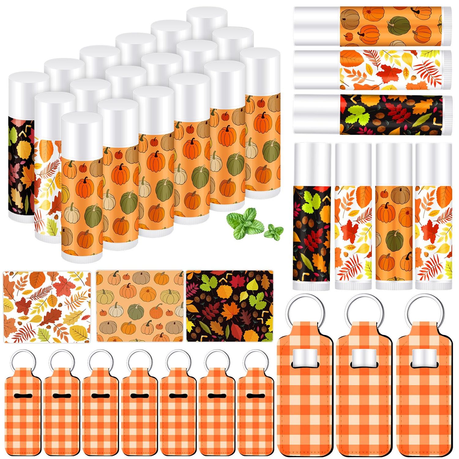 Swiffen 18 Sets Fall Pumpkin Lip Balm Bulk and Orange Plaid Lipstick Holder Keychains Set Maple Leaf Lip Balm Gift for Thanksgiving Rustic Autumn Farmhouse Fall Party Supplies