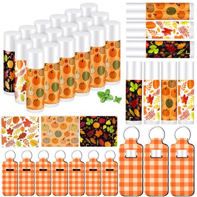 Swiffen 18 Sets Fall Pumpkin Lip Balm Bulk and Orange Plaid Lipstick Holder Keychains Set Maple Leaf Lip Balm Gift for Thanksgiving Rustic Autumn Farmhouse Fall Party Supplies