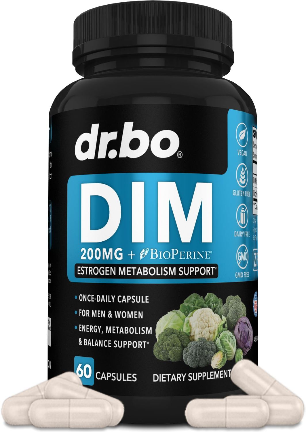 DIM Supplement for Women &amp; Men 200mg - Androgen Estrogen Blocker for Men &amp; Women, Hormonal Acne Pills, Hormone Balance, Menopause Support, Diindolylmethane DIM Supplement Plus BioPerine - 60 Capsules