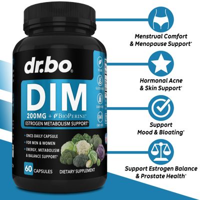 DIM Supplement for Women &amp; Men 200mg - Androgen Estrogen Blocker for Men &amp; Women, Hormonal Acne Pills, Hormone Balance, Menopause Support, Diindolylmethane DIM Supplement Plus BioPerine - 60 Capsules