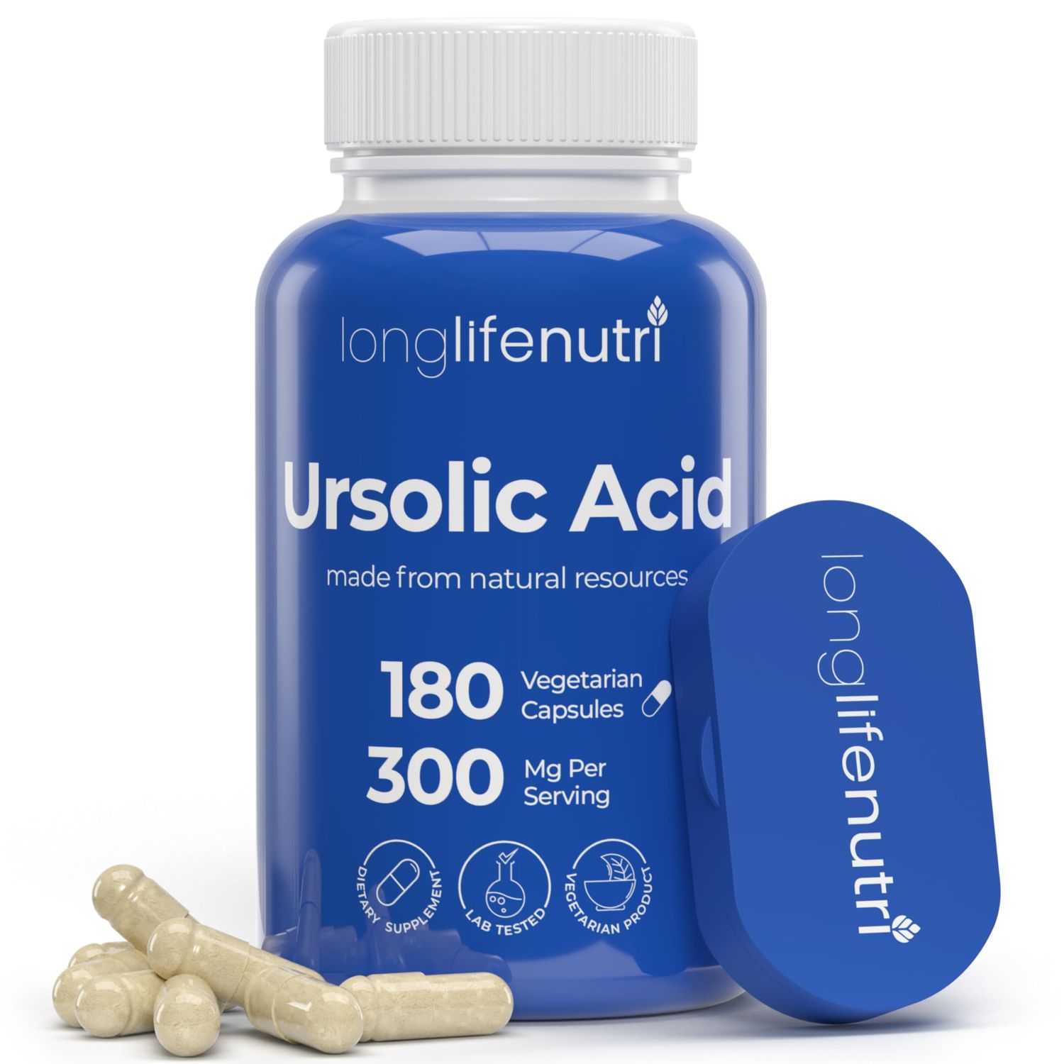 LongLifeNutri Ursolic Acid 300mg - Sourced from Rosemary Leaf Extract, 180 Vegetarian Capsules, Organic Supplement for Muscle Growth &amp; Recovery, 2-Month Supply, Lab Tested, GMP Certified, Made in USA