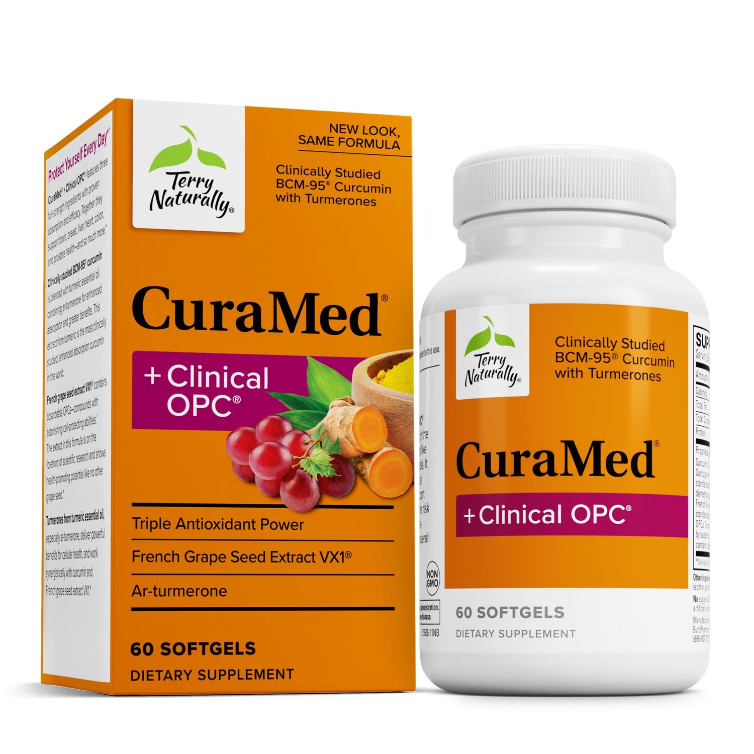 Terry Naturally CuraMed Clinical OPC - Curcumin Supplement with French Grape Seed Extract - Brain, Prostate &amp; Liver Health Support - Supplement with Ar-Turmerone - 60 Softgels