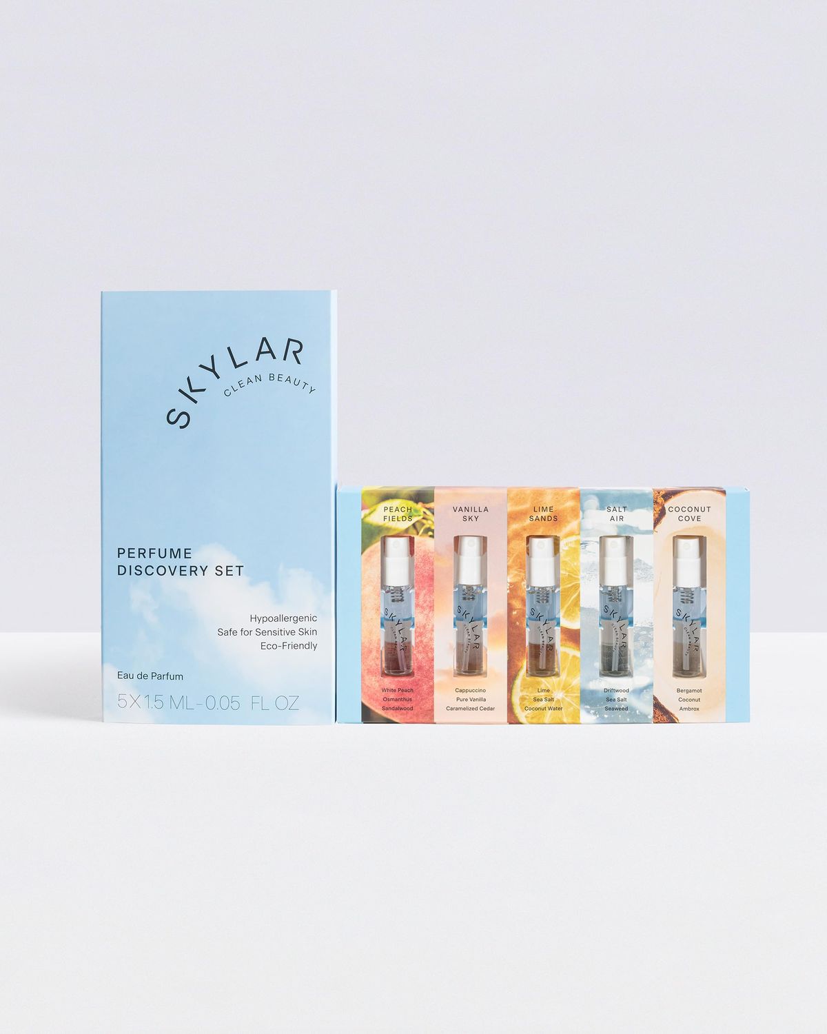 Skylar Eau de Parfum Discovery Spray Sampler Gift Set - Hypoallergenic &amp; Clean Perfume for Women &amp; Men- Peach Fields- Vanilla Sky, Lime Sands, Salt Air, Coconut Cove - 5 1.5mL Spray Bottles
