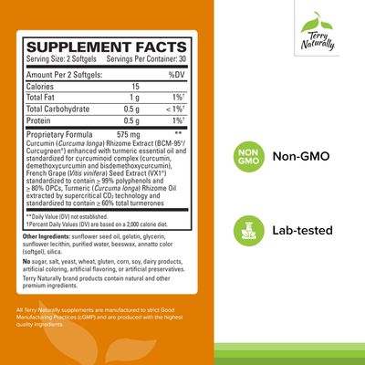 Terry Naturally CuraMed Clinical OPC - Curcumin Supplement with French Grape Seed Extract - Brain, Prostate & Liver Health Support - Supplement with Ar-Turmerone - 60 Softgels