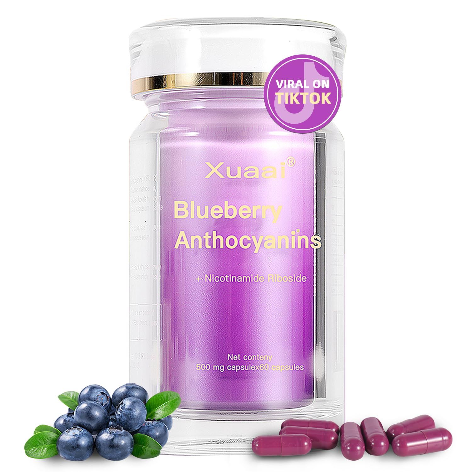 Blueberry Anthocyanins Capsules - Blueberry 10:1 Extract, Premium NAD Supplement with Anthocyanin &amp; Lutein for Anti-Aging Support - Eye Vitamins Boosting Vision &amp; Cellular Health, Vegetarian, 60 C