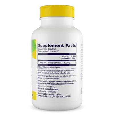Healthy Origins CoQ10 600 mg - Natural Trans-Isomer Ubiquinone - Yeast Fermented, Supports Heart Health &amp; Cellular Energy - Non-GMO 60 Softgels