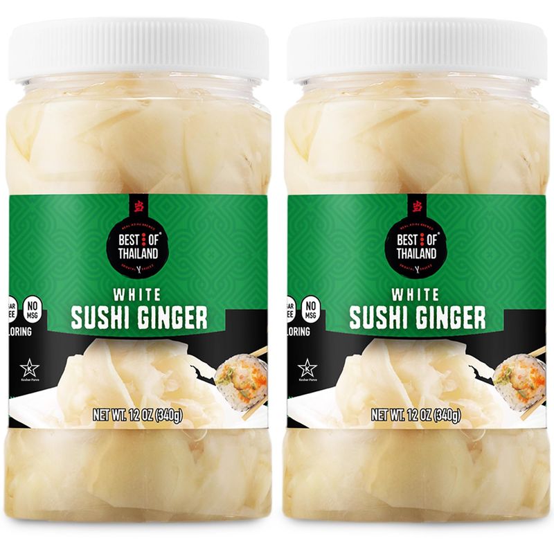Best of Thailand Japanese White Pickled Sushi Ginger | No MSG | 2 Jars of 12oz Fresh Sliced Young Gari Pickled Ginger in All Natural, Sweet Pickling Brine with Color | Fat-Free, Sugar-Free, Kosher