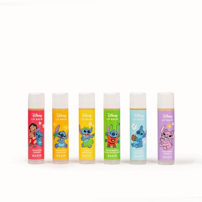 Disney Stitch Lip Balm Collection - 6 Pack Tropical Flavors (Cherry, Coconut &amp; More) Organic Gift set by Basin - Clean Beauty for All Ages - Made in the USA