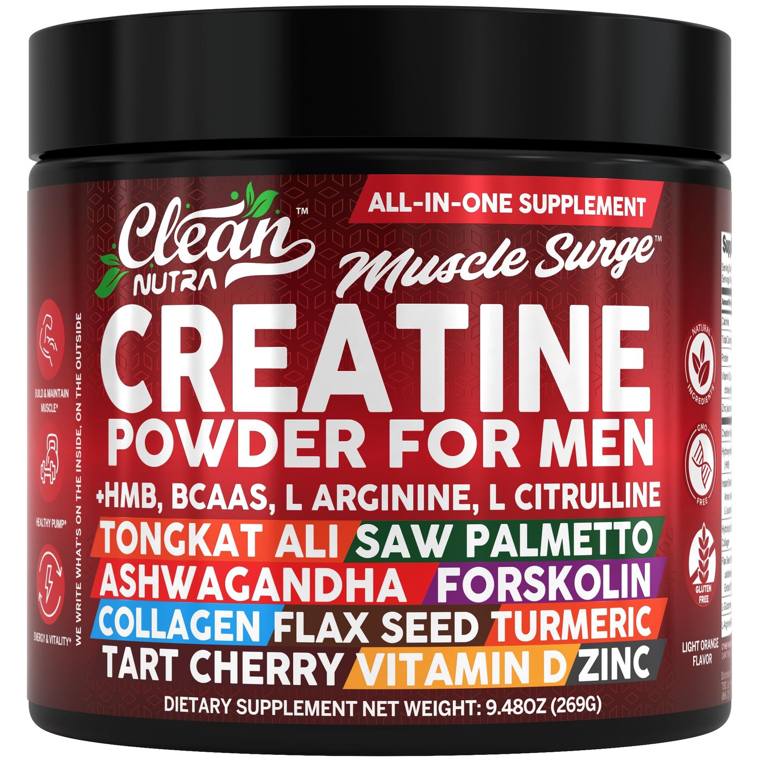 Clean Nutra Muscle Surge Creatine Powder for Men, All-in-One Supplement with HMB, BCAAs, L-Arginine, 9.48oz