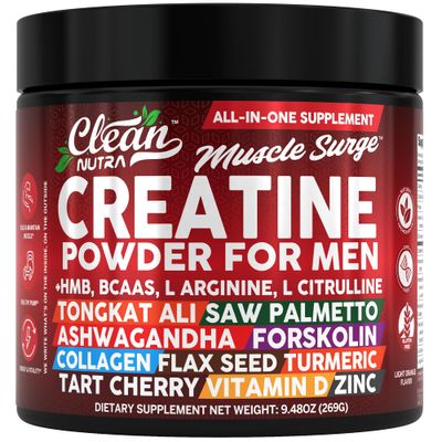 Clean Nutra Muscle Surge Creatine Powder for Men, All-in-One Supplement with HMB, BCAAs, L-Arginine, 9.48oz
