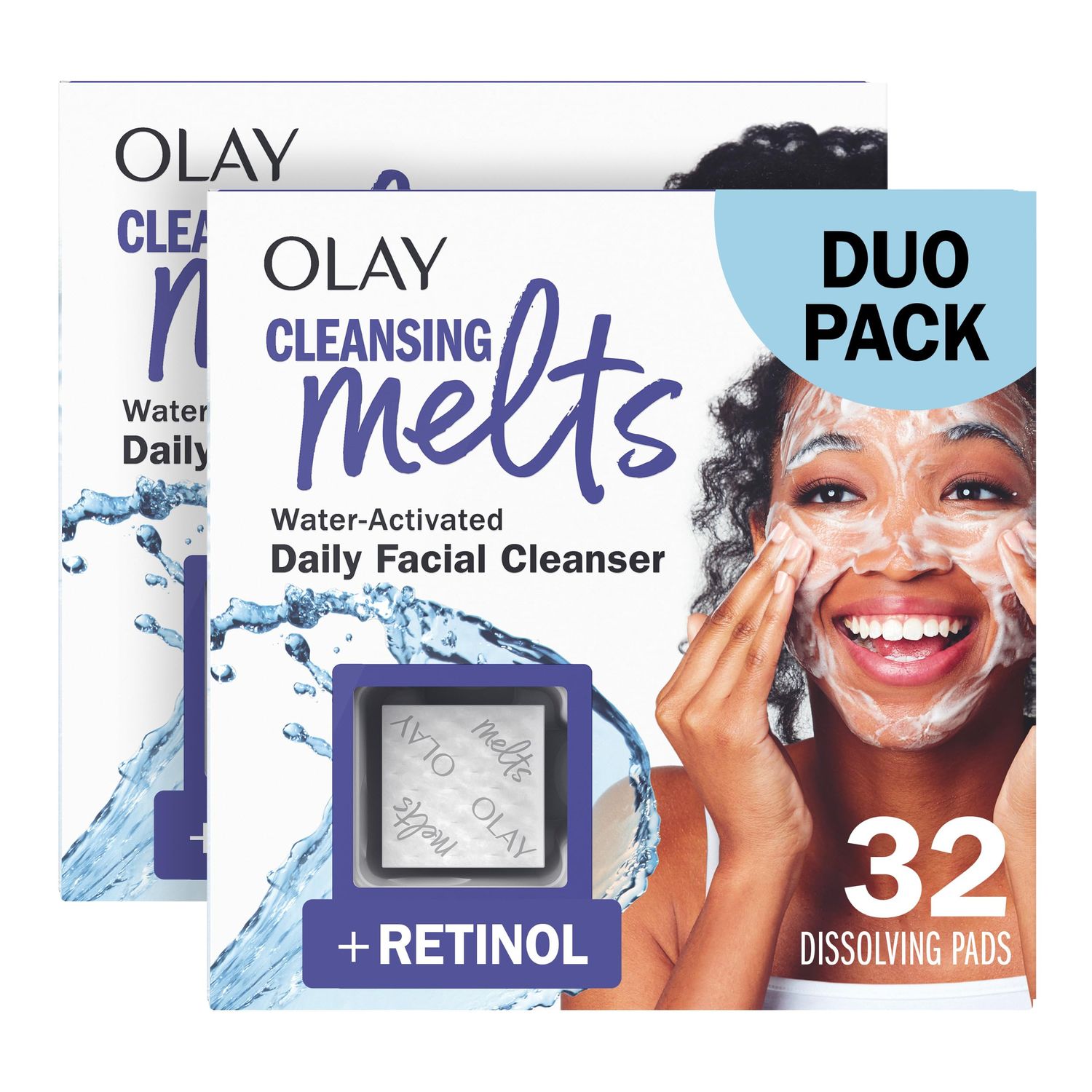 Olay Face Wash, Retinol Cleansing Melts, Fragrance-Free, Daily Use Gentle Cleanser, For All Skin Types, Travel Size, Water-Activated to Clean, Tone, and Refresh, 64ct (2 Pack x 32ct)