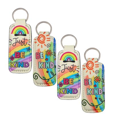 BKBKAAK 4 Pcs Autism Lip Balm Holder Key Chain for Lipstick, Rainbow Pattern Elastic Fabric Lipstick or Lip Gloss Sleeves Holder, Cute Be Kind Lip Balm Keychain for Kids, Women, Nurse