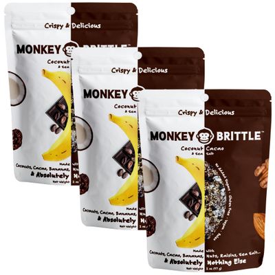 Monkey Brittle Healthy Snacks, Crispy Plant-Based Treats for Kids &amp; Adults, Vegan &amp; Gluten-Free, All-Natural Snack for School, Sports, Camping &amp; On-the-Go (Pack of 3), Cacao Coconut