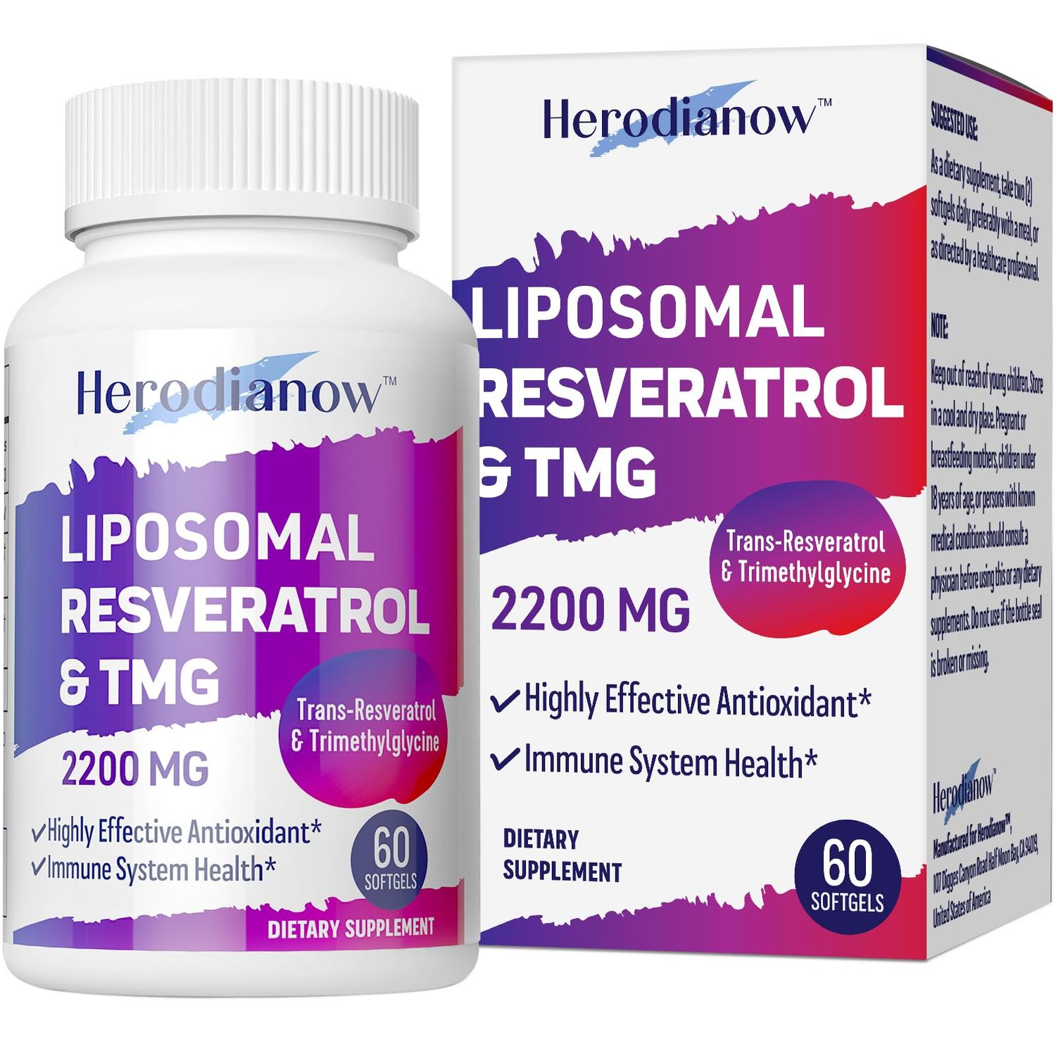 Herodianow Liposomal Resveratrol with TMG Supplement 2200 MG, 99 Purity Trans-Resveratrol &amp; Trimethylglycine- Antioxidant, for Immune System, Skin &amp; Overall Health, 60 Softgels(Pack of 1)