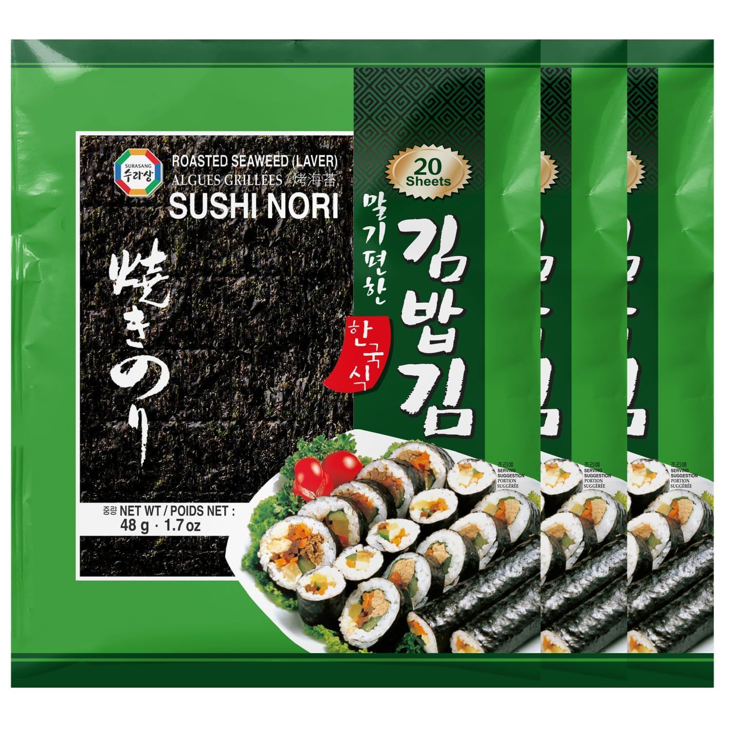 Surasang Premium Nori Sheets for Sushi &amp; Gimbap - Korean Roasted Seaweed Sheets, 20 Full Size Sheets, Pack of 3 - Naturally Salty Sushi Nori with Umami Flavor, 10 Calories, No Sugar